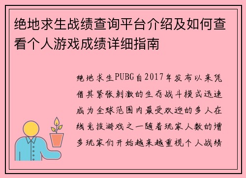 绝地求生战绩查询平台介绍及如何查看个人游戏成绩详细指南